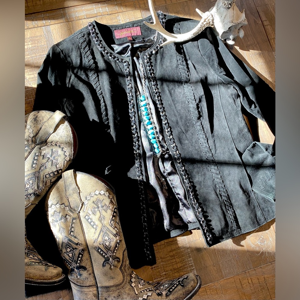 Hal Rubenstein Black Suede and Silver Chain Jacket